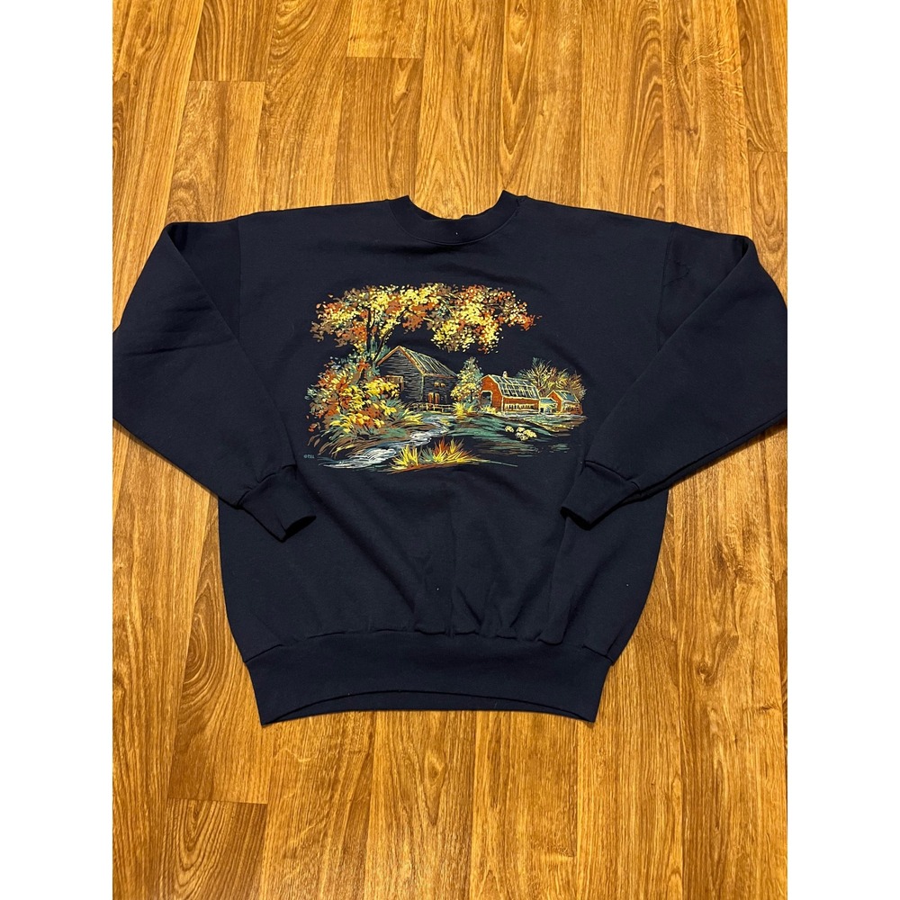 Fall Cabin Scene Autumn Leaves Sweatshirt Adult Large Navy Blue‎ Hanes